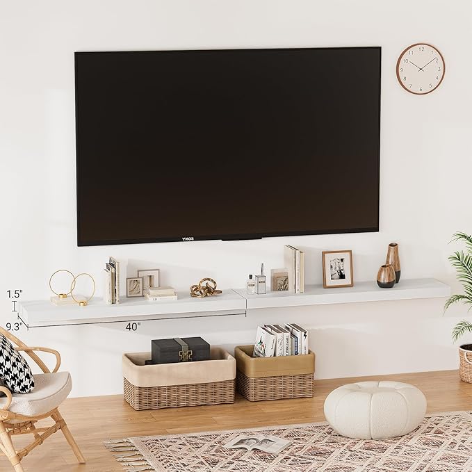 White floating wall shelves under TV, long rectangular shelves for storage and display
