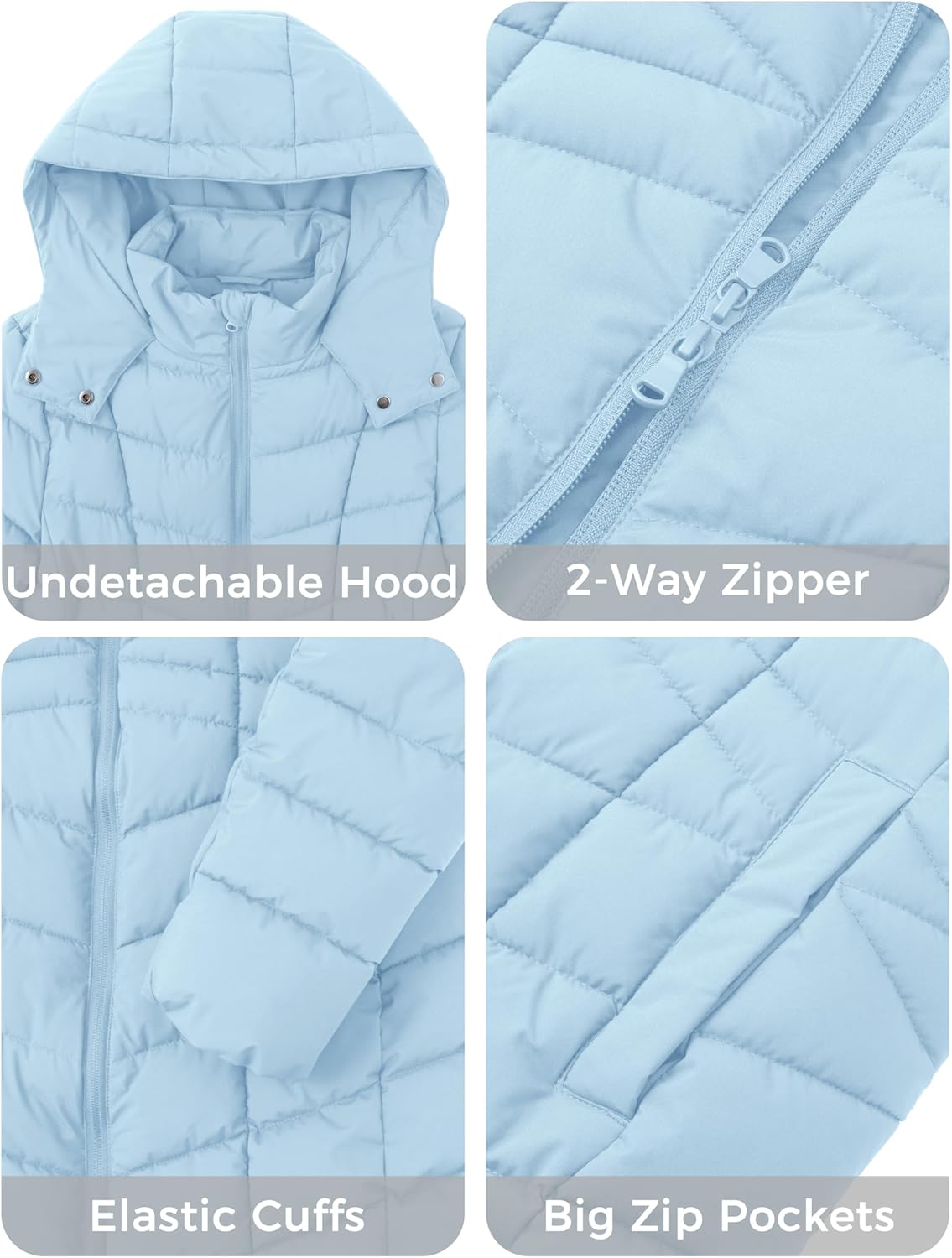 Light blue puffer jacket details: hood, zipper, elastic cuffs, and zip pockets