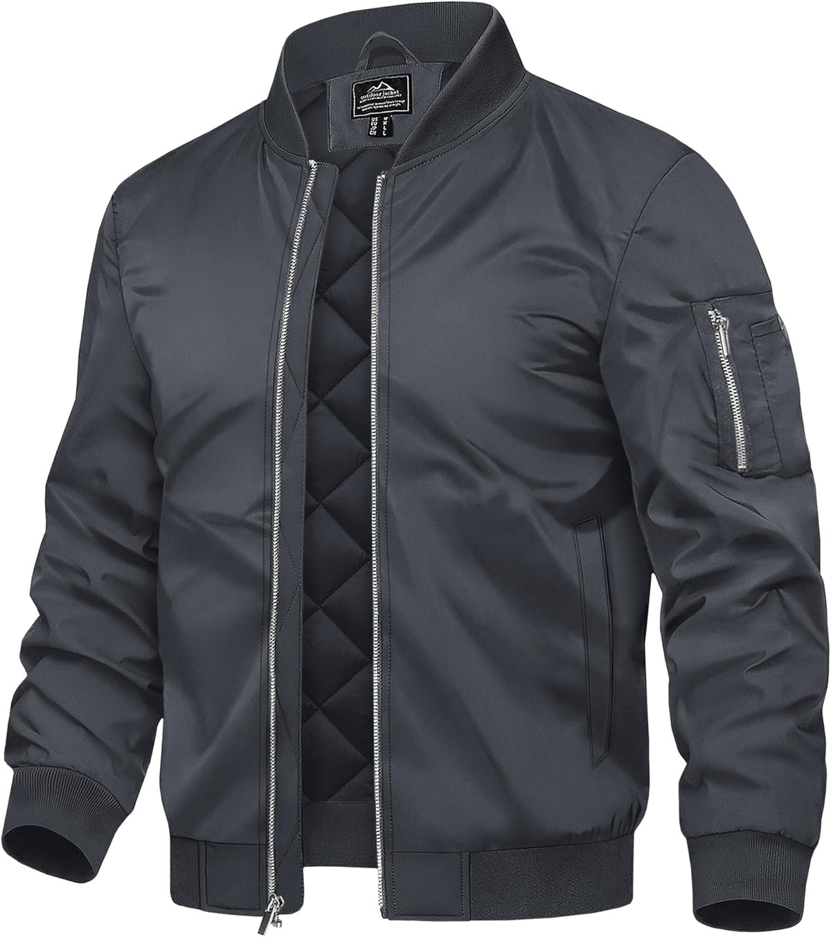 Men's dark gray bomber jacket with stand collar, front zipper, and side zip pocket