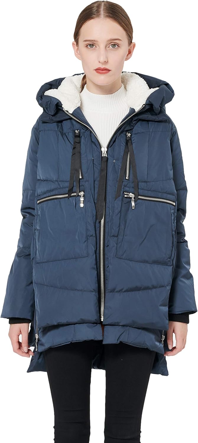 Women’s thickened down jacket, navy with faux-fur hood trim and zip front