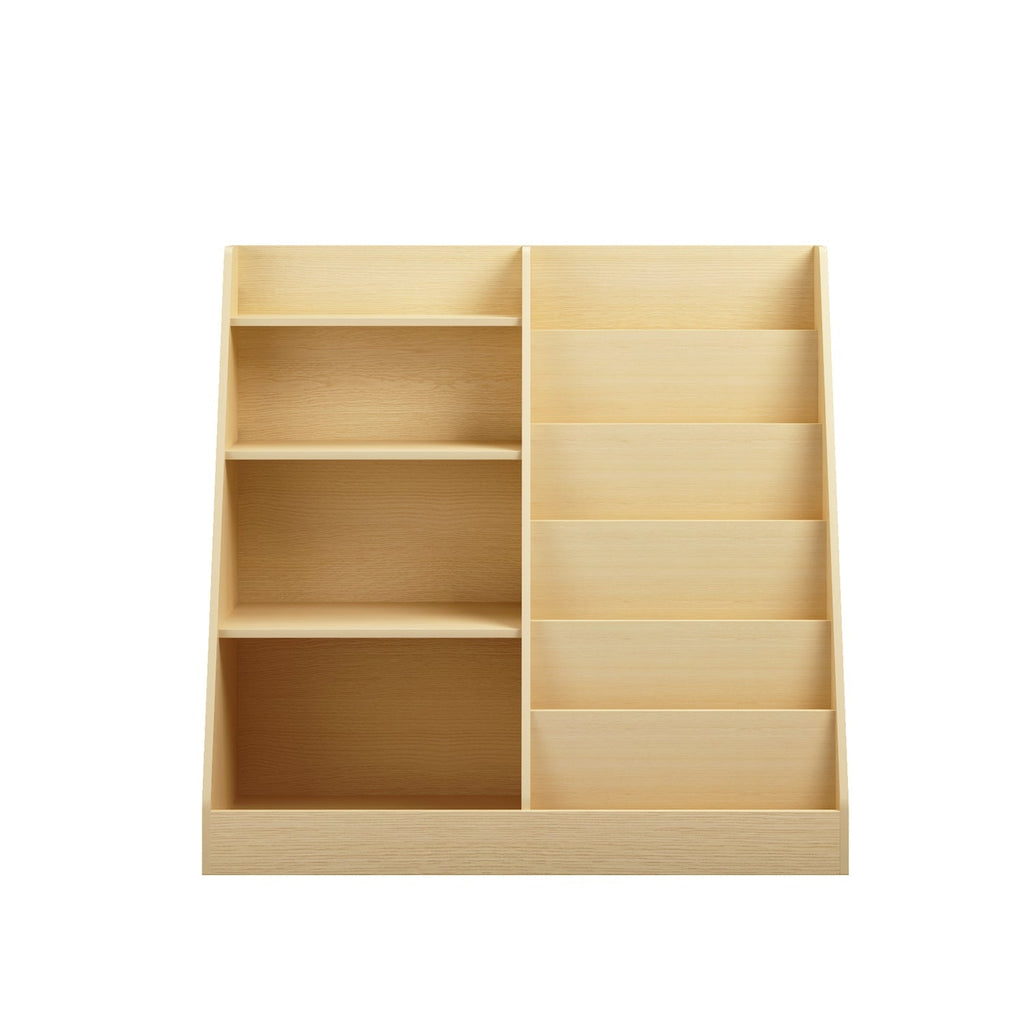 Light wood front view of bookshelf organizer with multiple empty shelf cubbies