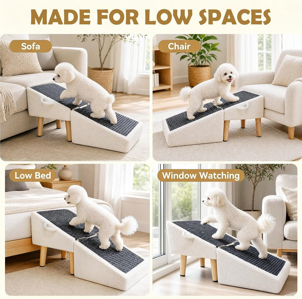 White dog ramp ottoman with dark tread shown beside sofas, a chair, and a low bed
