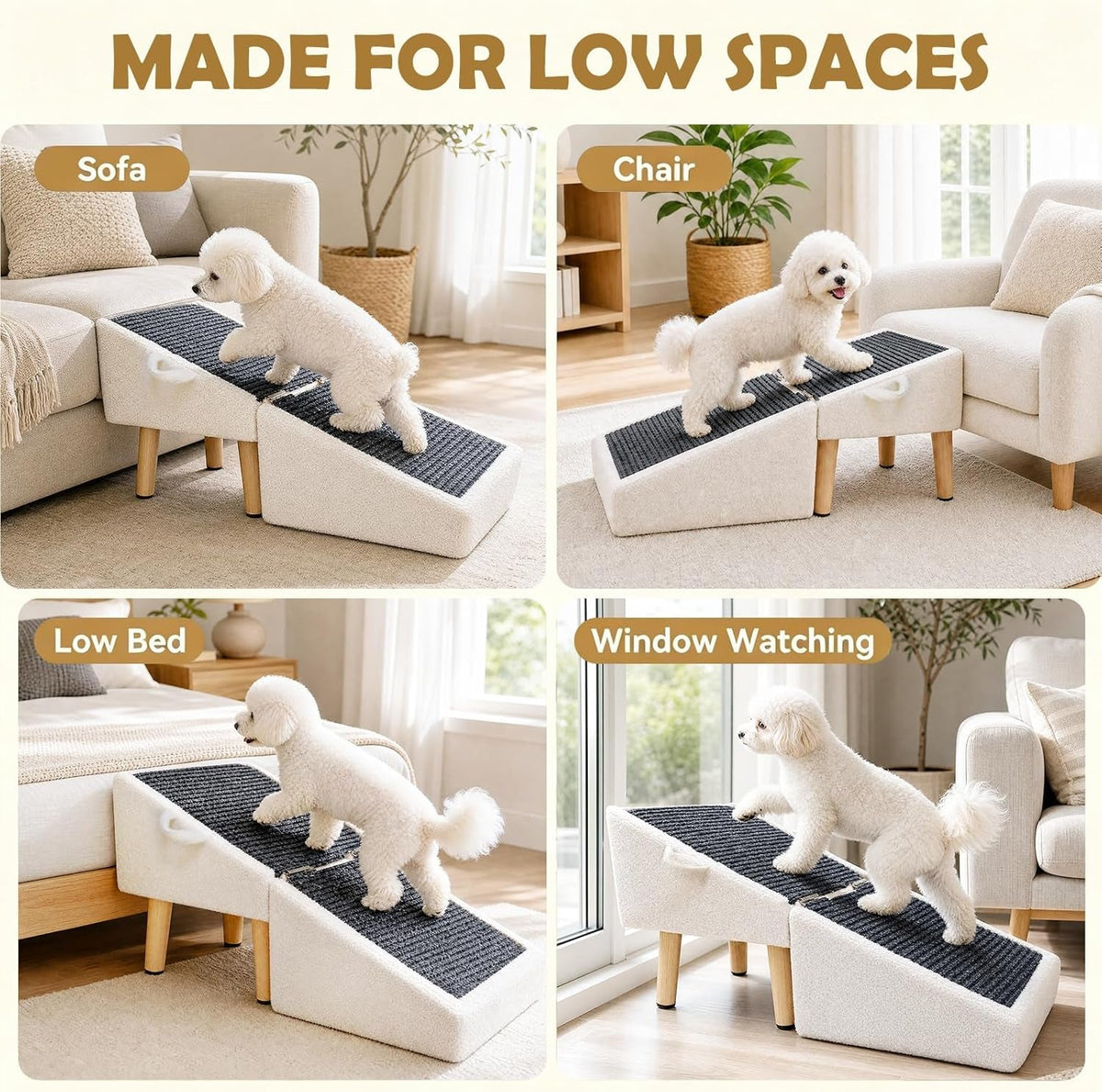 White dog ramp ottoman with dark tread shown beside sofas, a chair, and a low bed