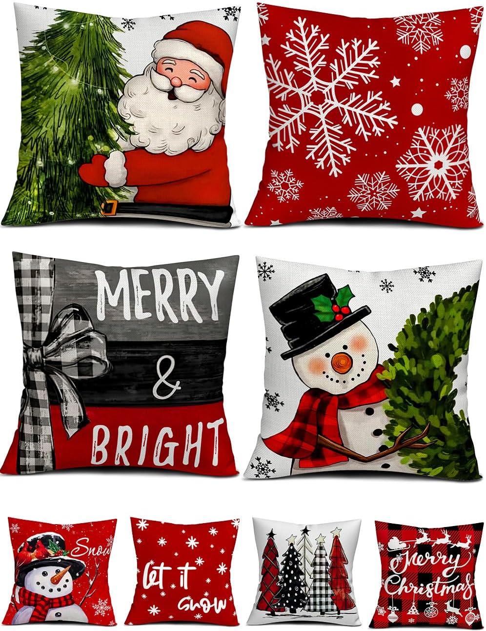 Set of 4 Christmas pillow covers with Santa, snowflakes, and winter graphic designs