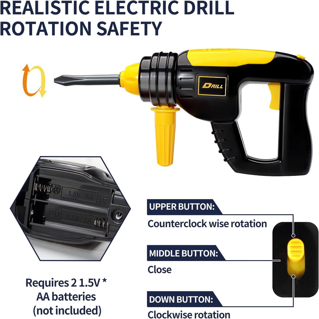 Yellow and black electric toy drill with safety rotation, drill-only view