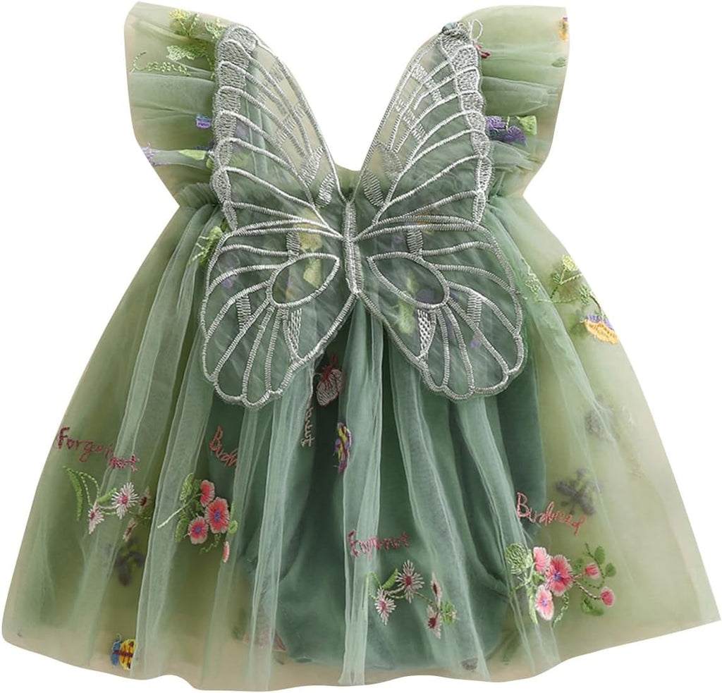 Green butterfly wing tulle fairy romper dress with embroidered floral bodice