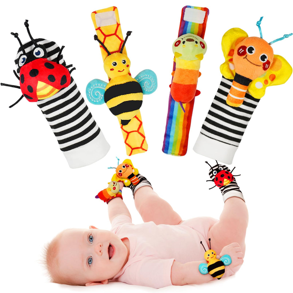 Baby bug-themed rattle socks and wrist rattles set with ladybug and bee designs
