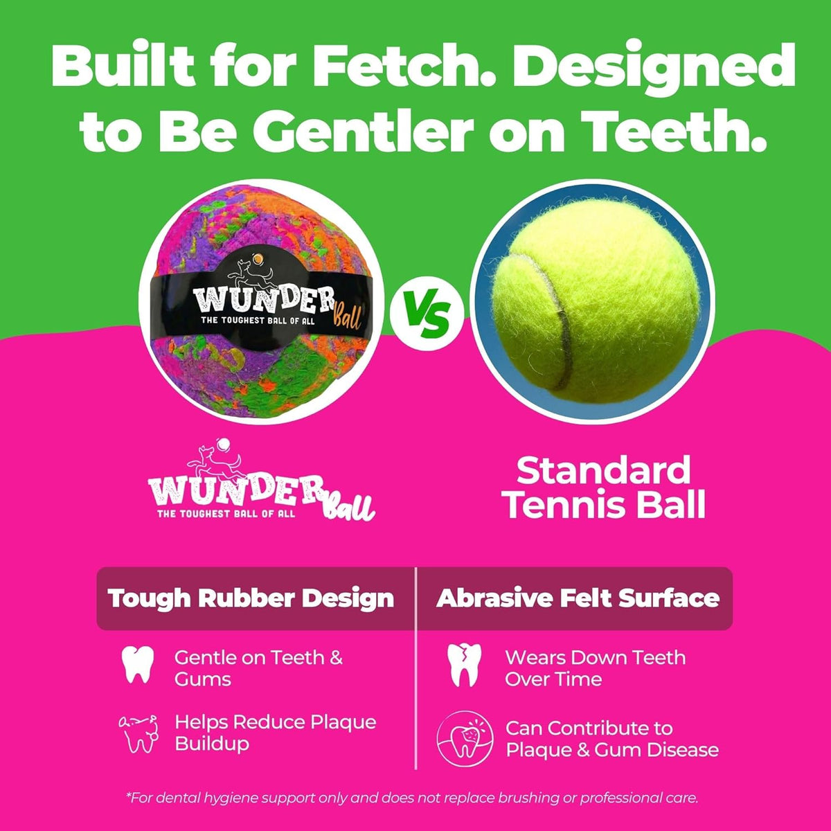 Comparison of textured dog fetch balls: multicolor ball and green felt tennis-ball style.