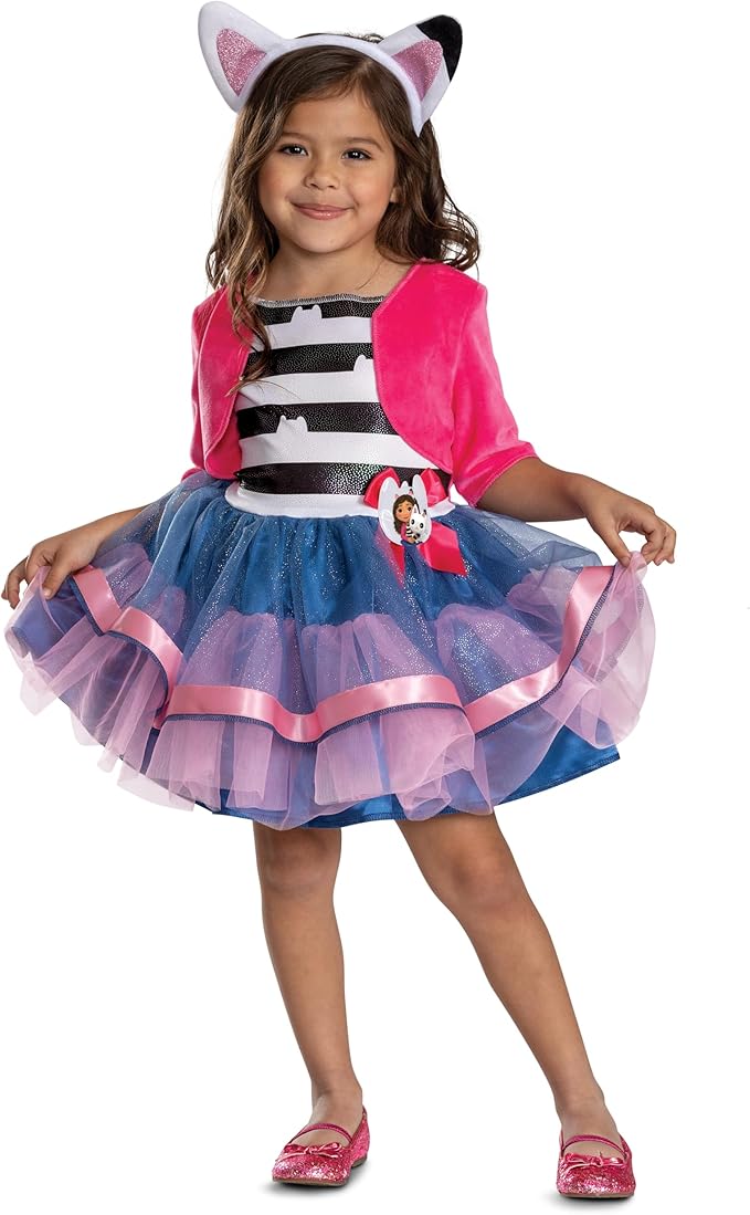 Girls tutu dress toddler costume with cat-ear headband, pink top, striped bodice, layered skirt
