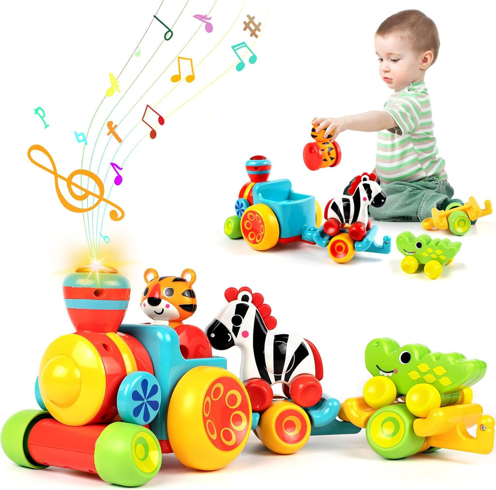 Colorful push animal train set with zebra, tiger, and crocodile wheels