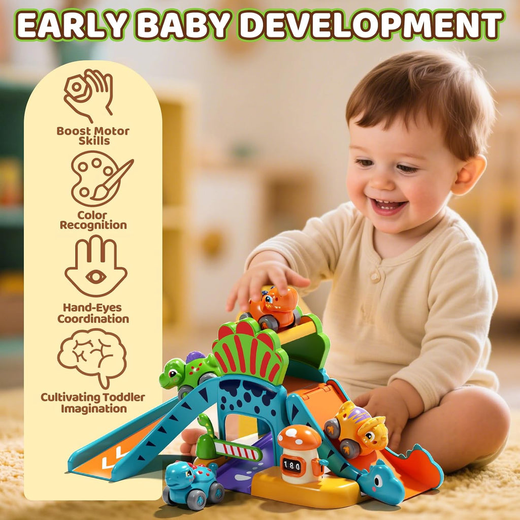 Dinosaur garage slide playset with four mini push cars for toddlers, multicolor