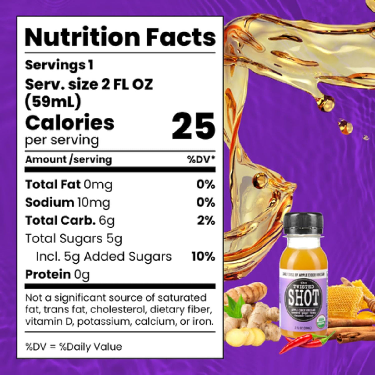 Nutrition facts panel and Twisted Shot apple cider vinegar wellness shot bottle with purple label