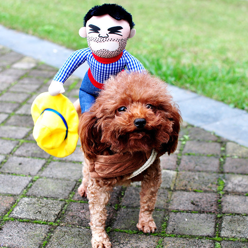 Small dog wearing orange plush hood costume on outdoor walkway