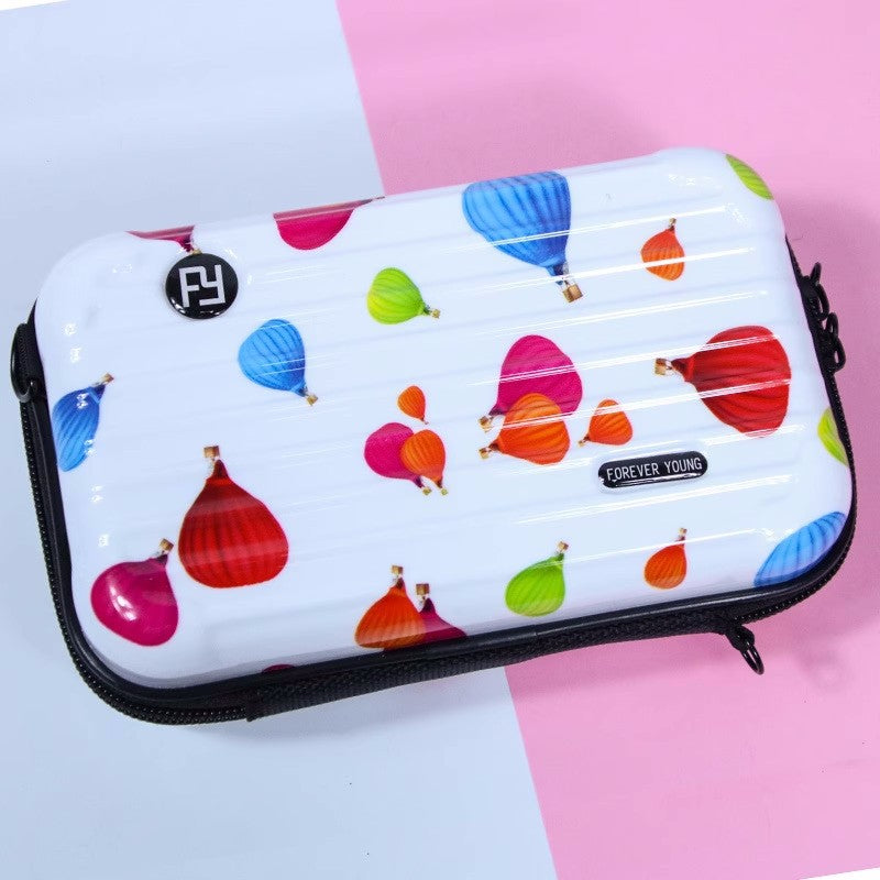 Cosmetic bag with white background and colorful hot air balloon print, zip top