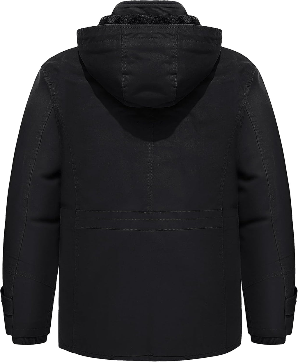 Men’s black hooded winter work jacket, rear view, insulated quilted lining