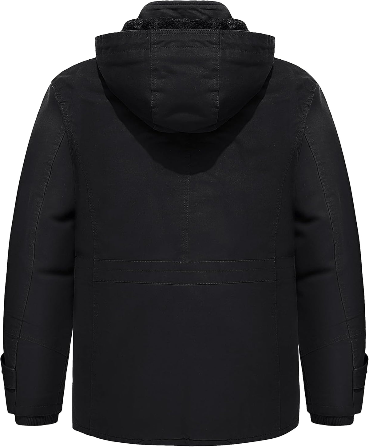 Men’s black hooded winter work jacket, rear view, insulated quilted lining