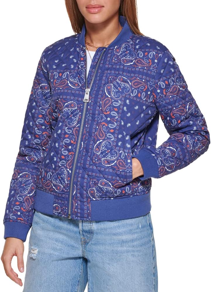 Paisley print bomber jacket in blue with front zipper and ribbed waistband