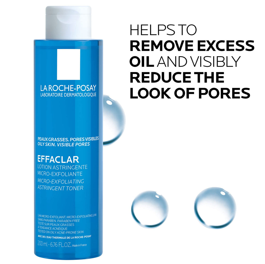 La Roche-Posay Effaclar face toner bottle with water droplets and pore-reduction text