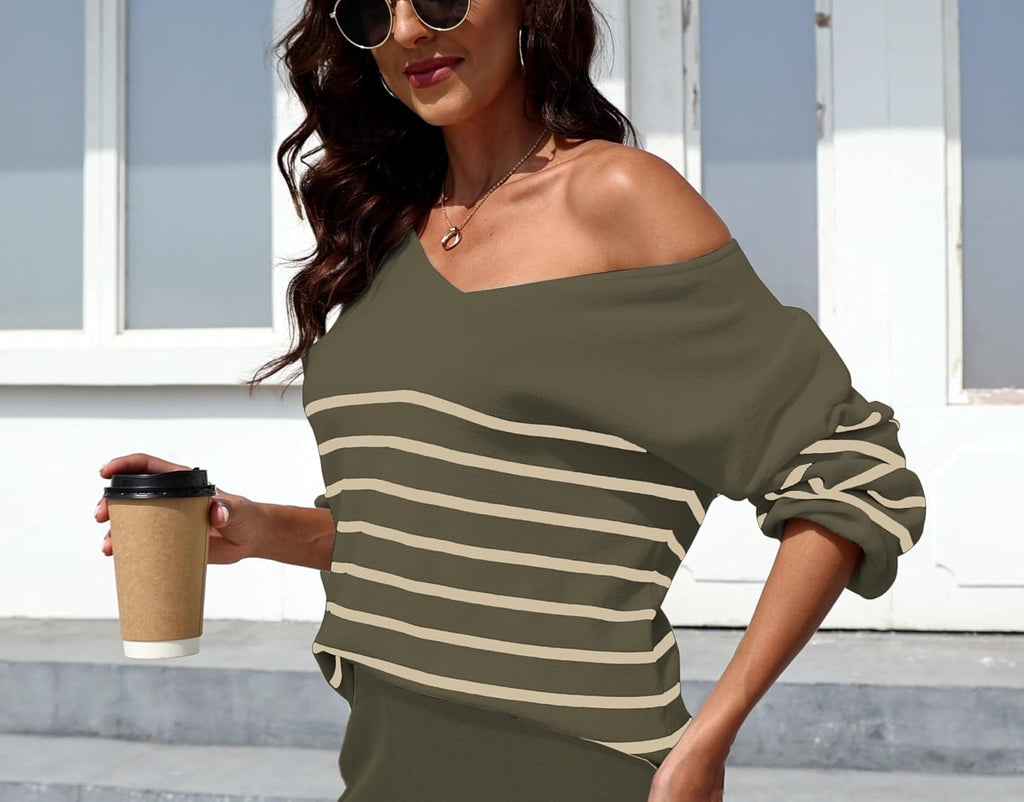 Two-piece knit lounge set in olive green: off-shoulder striped V-neck top, wide-leg pants