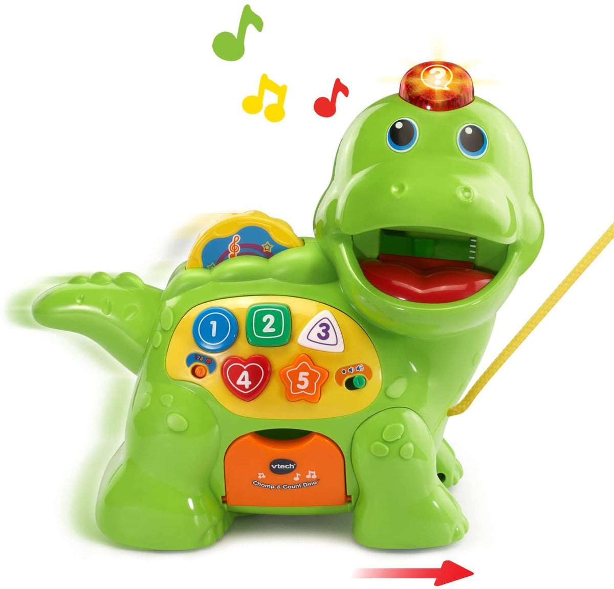 Green counting dinosaur toy with open mouth and number panel, plus attached cord and disks