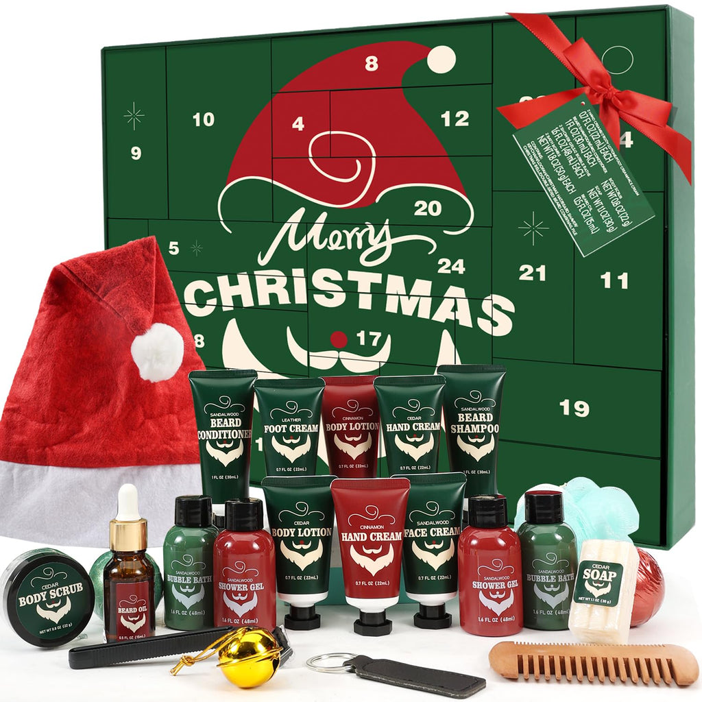 Green advent calendar kit with red pouch, beard creams, and grooming tools