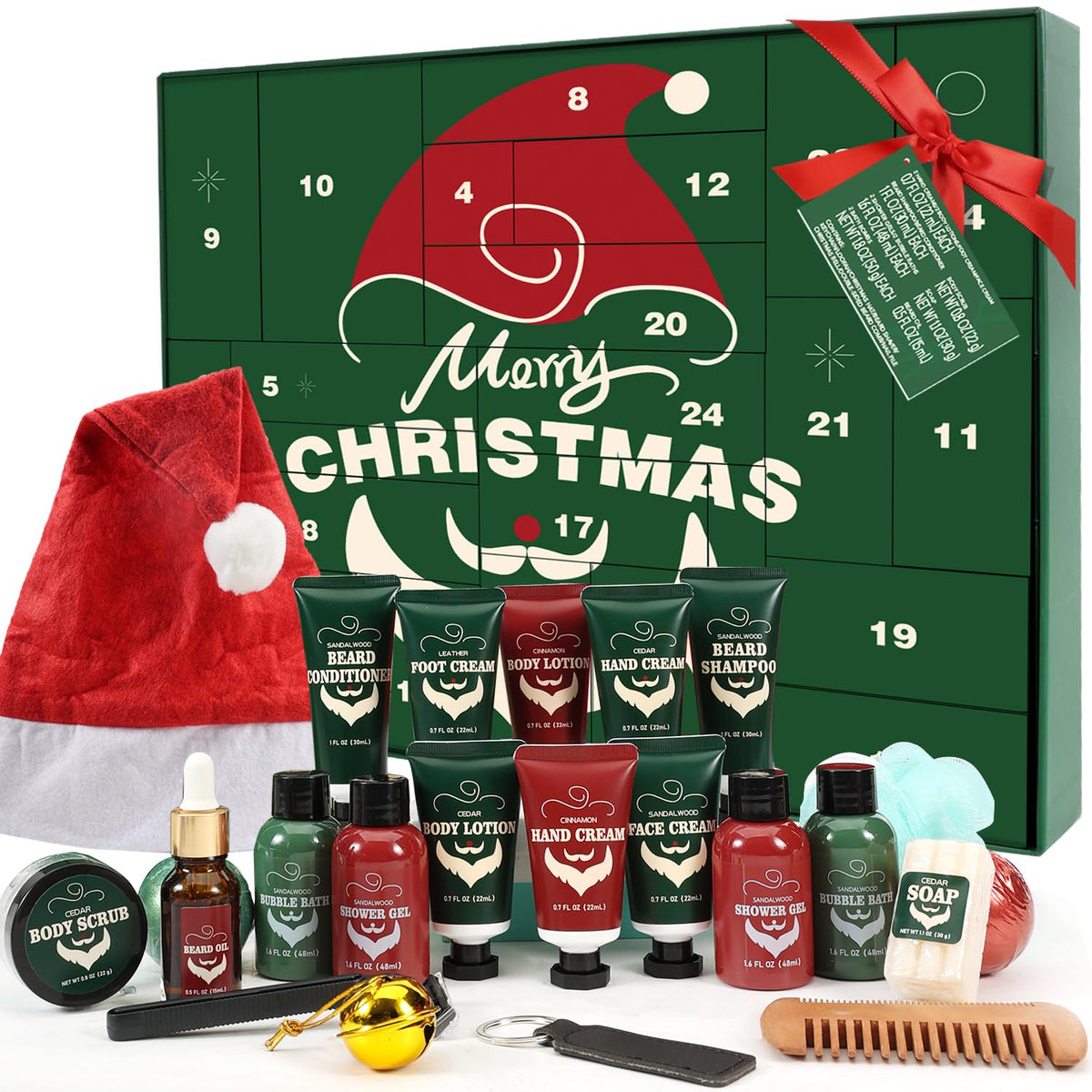 Green advent calendar kit with red pouch, beard creams, and grooming tools