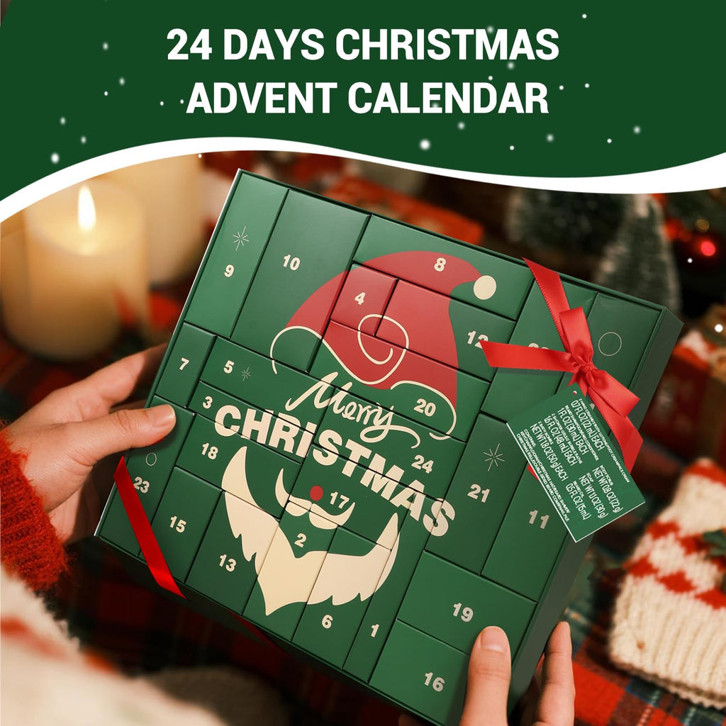 Green and red Christmas advent calendar held open with ribbon bow