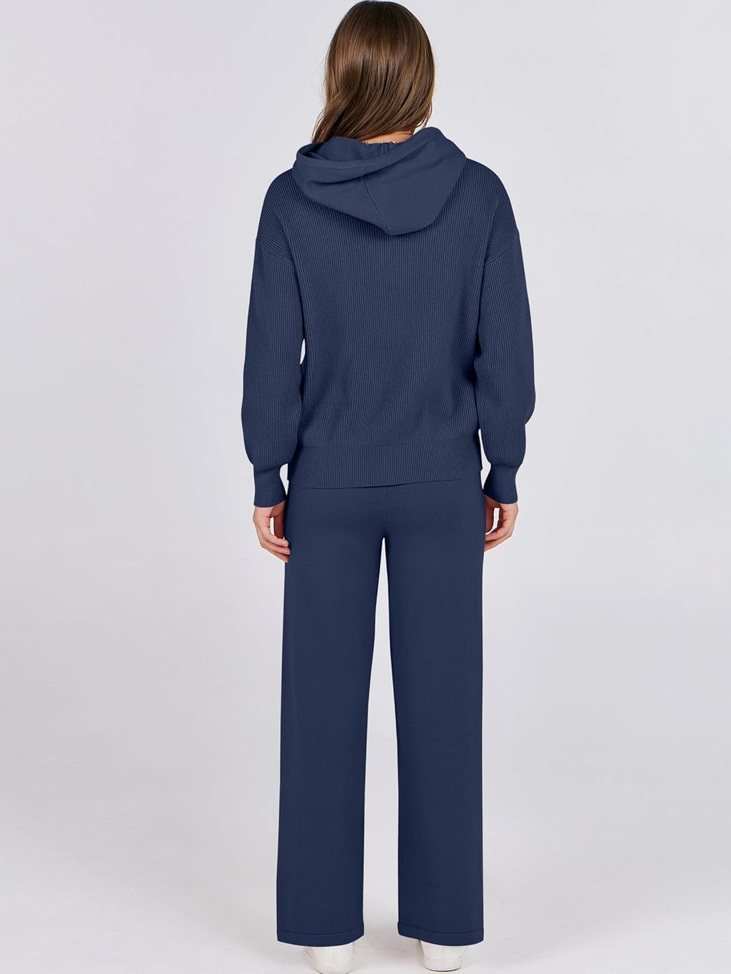 Navy hoodie and wide-leg pants two-piece set shown from the back on model
