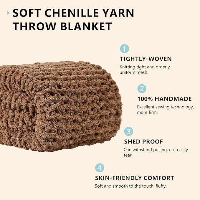 Brown chunky chenille knit throw blanket rolled up, tight woven texture