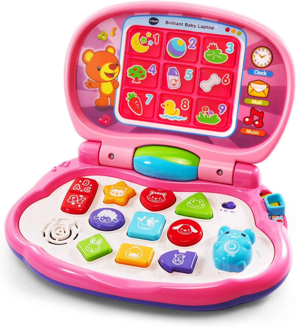 Pink interactive toddler laptop toy with colorful buttons and animal learning screen.