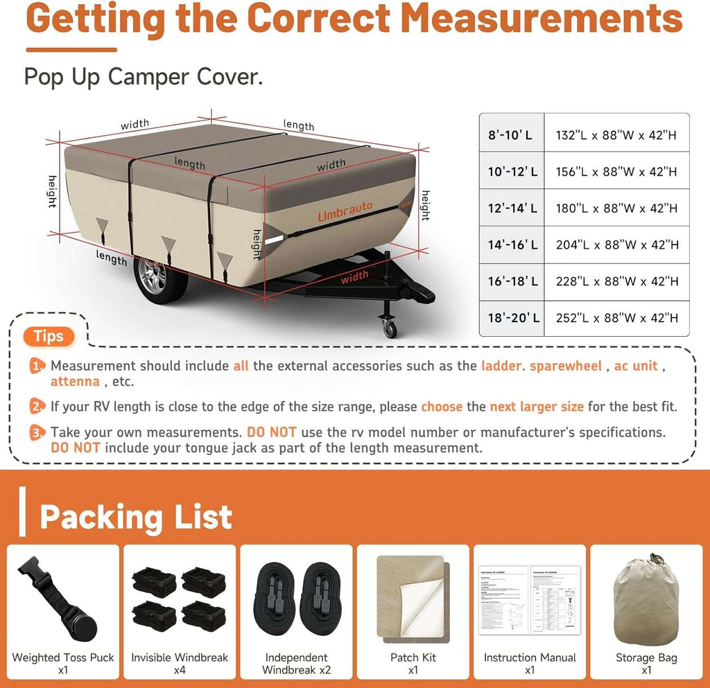 RV camper cover size measurement diagram and included accessory components shown