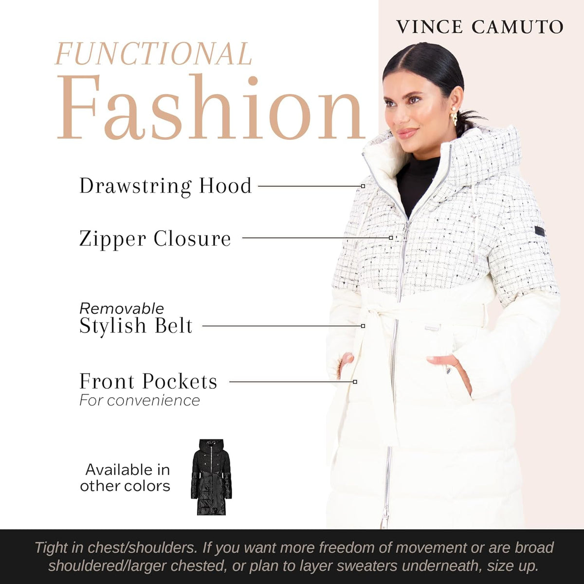 Cream hooded puffer jacket with zipper front, removable belt, and front pockets