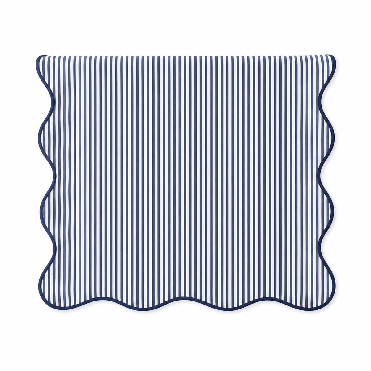 Navy and white striped table runner with scalloped edges, lined