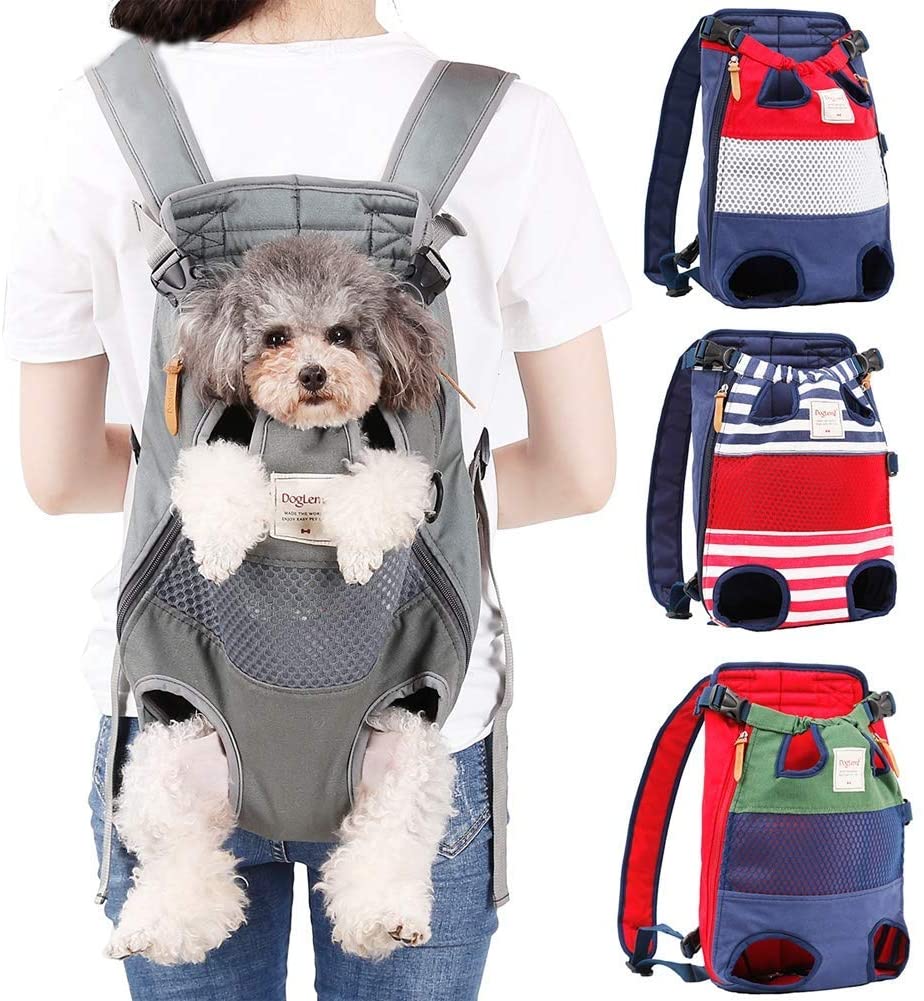 Grey cat dog carrier backpack with breathable mesh and front pouch opening; small pet inside