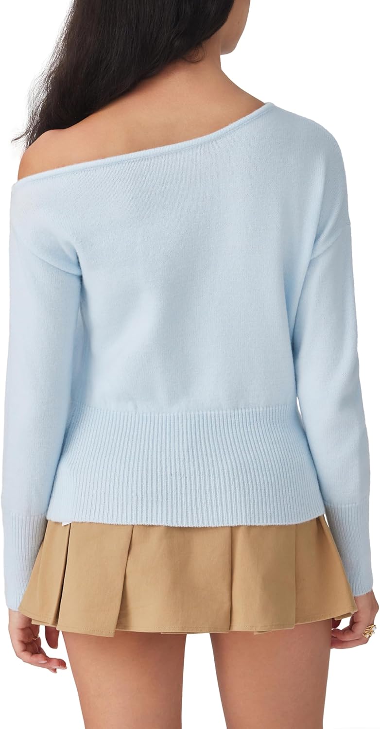 Light blue off-shoulder knit sweater back view with long sleeves and ribbed button waist