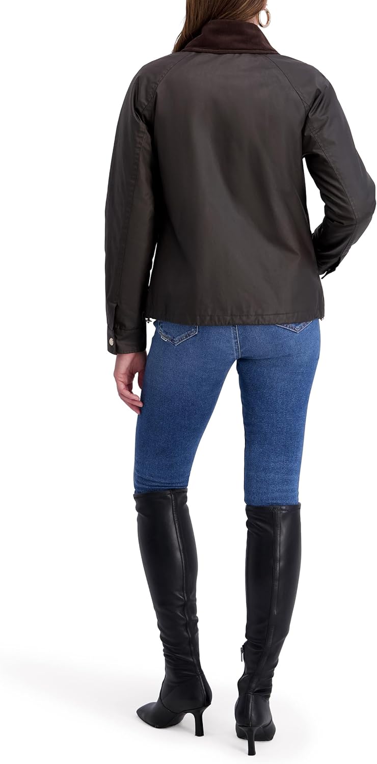 Women's waxed cotton barn jacket, chocolate brown, back view with stand collar