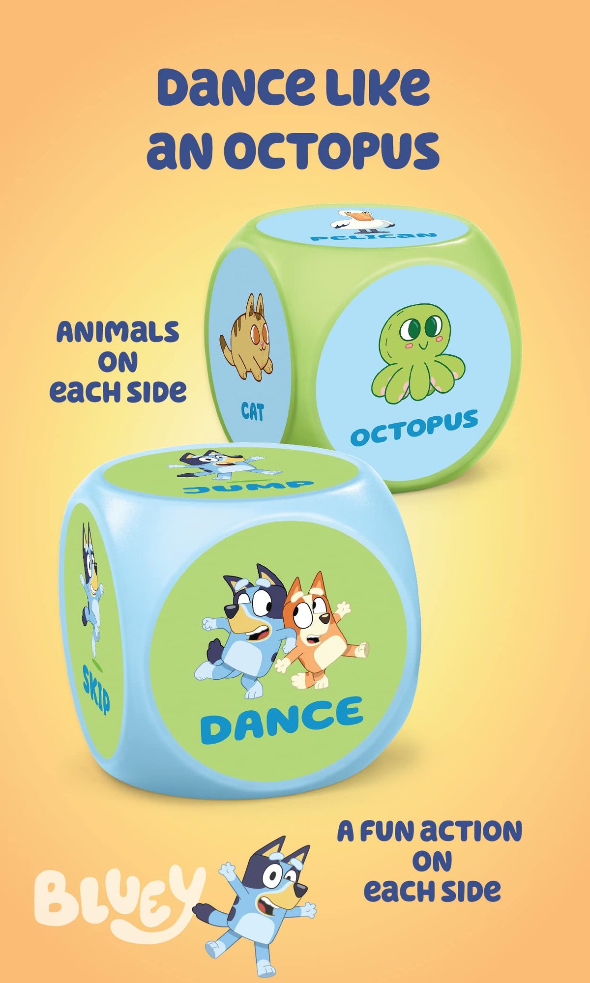 Blue and green action dice showing cat, octopus, and dance actions on each side.