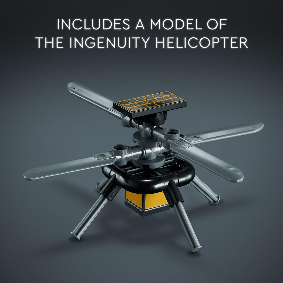 LEGO Technic Ingenuity helicopter model with four rotors and landing body