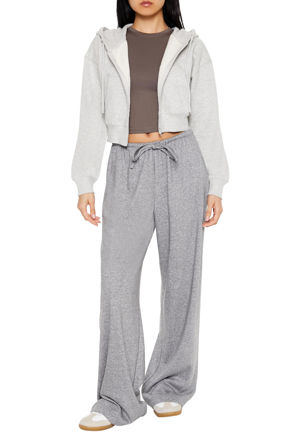Dark grey ribbed knit high-rise wide-leg pants with drawstring waist