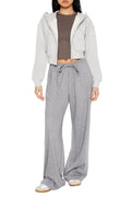 Dark grey ribbed knit high-rise wide-leg pants with drawstring waist