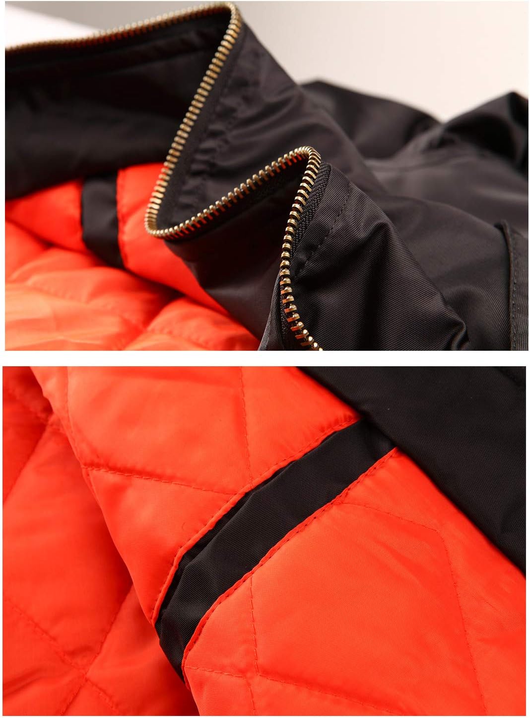 Close-up of men’s black bomber jacket: gold zippers with orange padded interior.