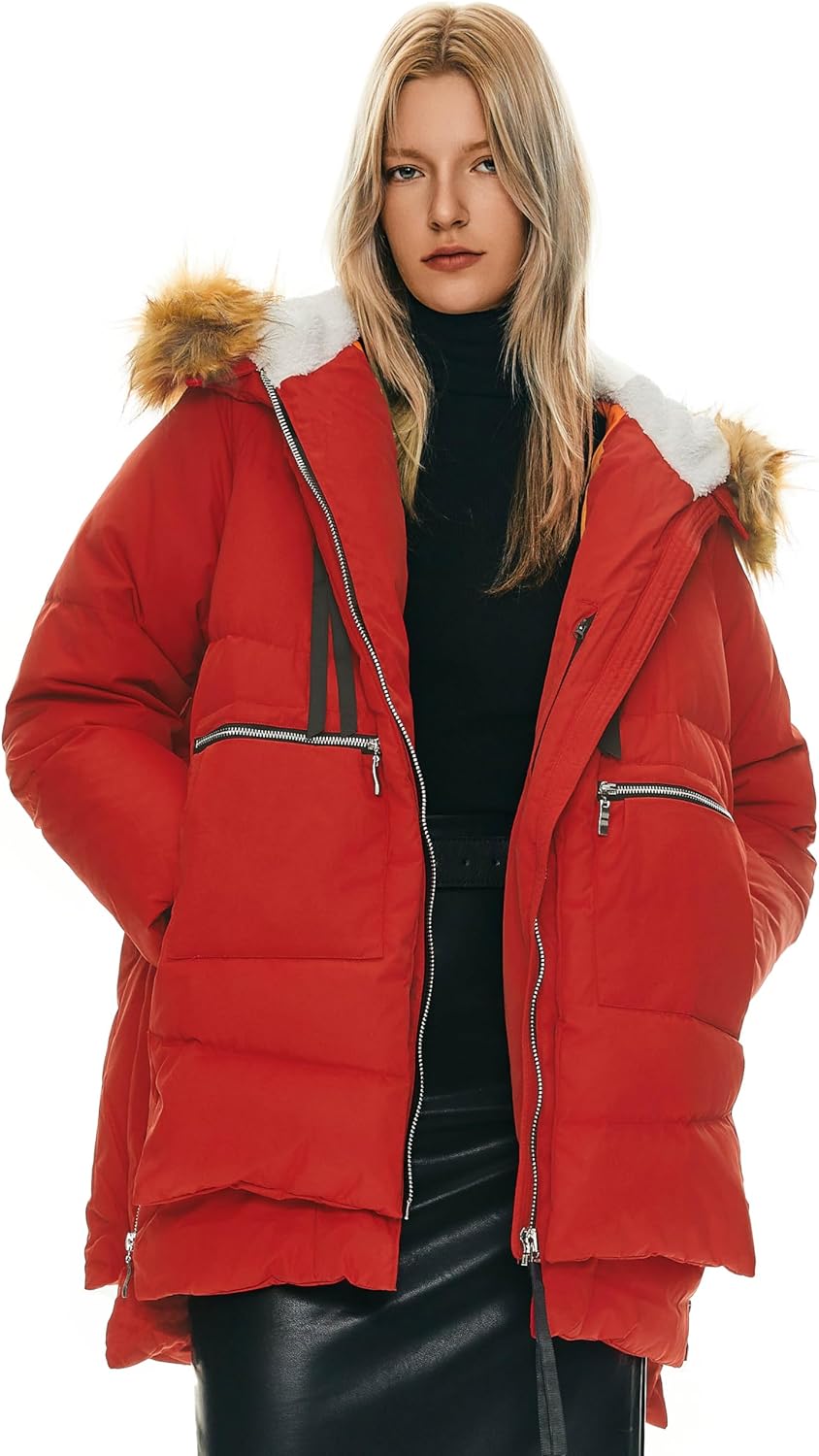 Red hooded down jacket with faux-fur trimmed hood, zip front, and side zip pockets