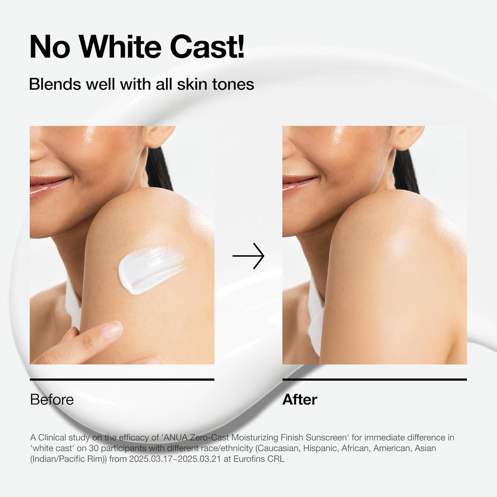 ANUA sunscreen SPF50+ PA++++ in white cream on shoulder, smooth blended finish