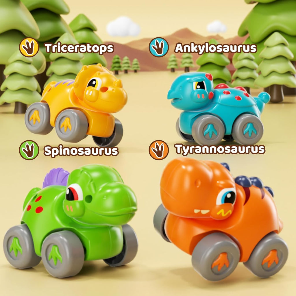 Four dinosaur mini push cars: triceratops, ankylosaurus, spinosaurus, tyrannosaurus