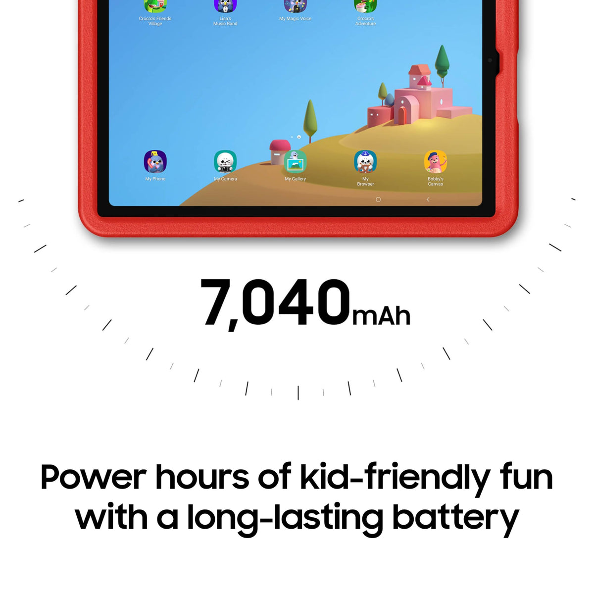 Front view of red kids tablet showing a building-themed educational game