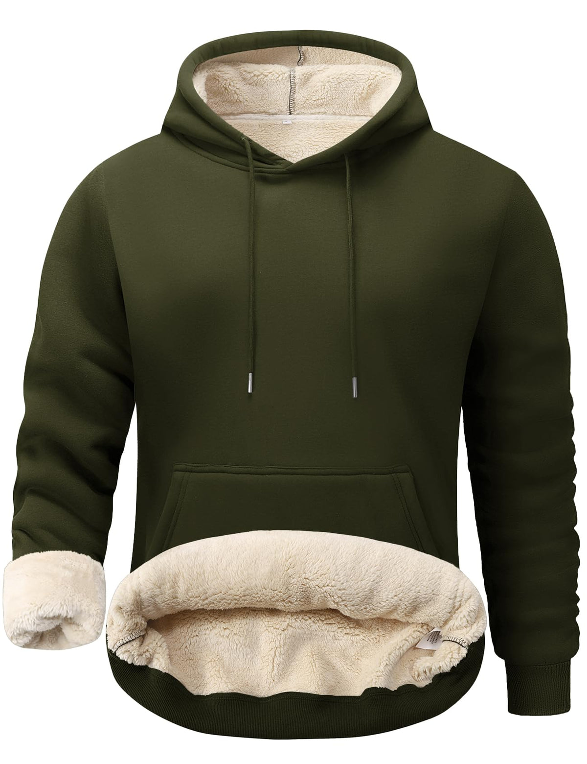 Men's sherpa-lined fleece pullover, dark olive green with white sherpa pouch panel