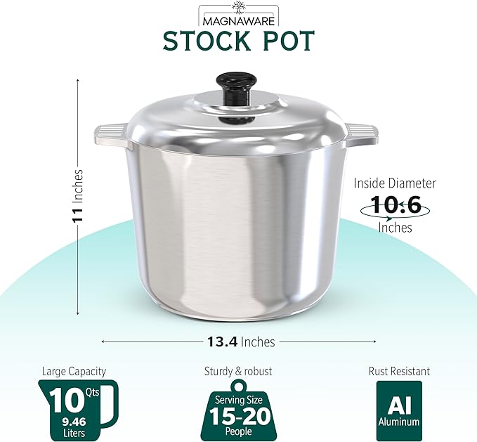 Stainless 10-quart stock pot with domed lid, side handles, and size diagram