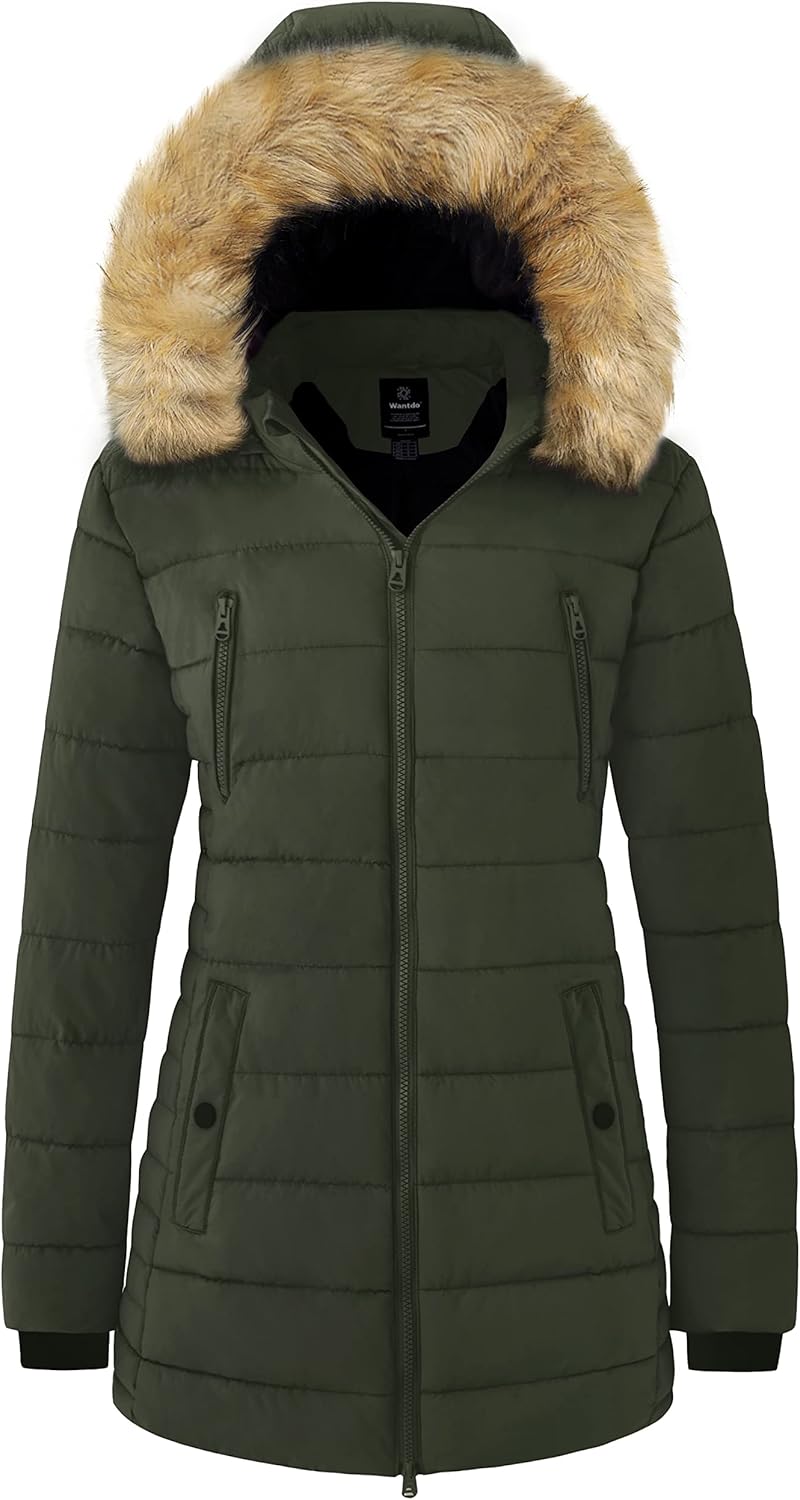 Women’s green fur-trim hood puffer parka, front zip, side pockets