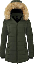 Women’s green fur-trim hood puffer parka, front zipper, two chest pockets