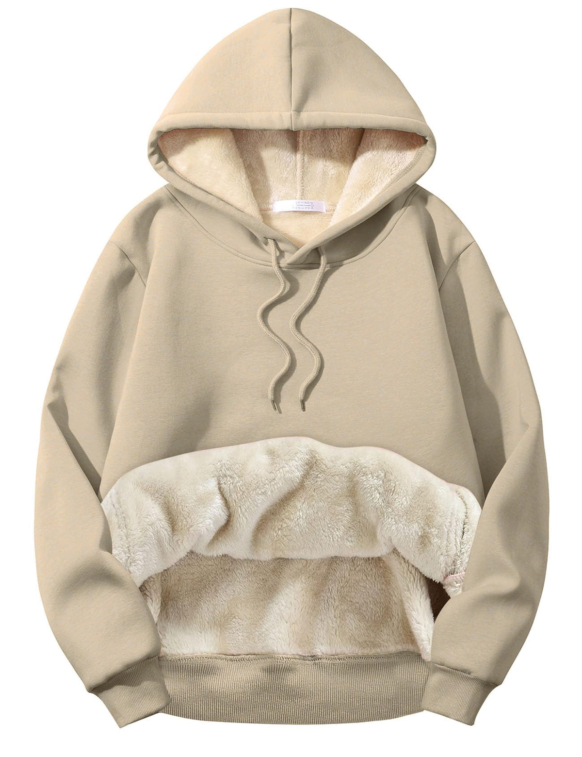 Men’s light beige sherpa-lined hoodie with adjustable drawstring hood and front pocket